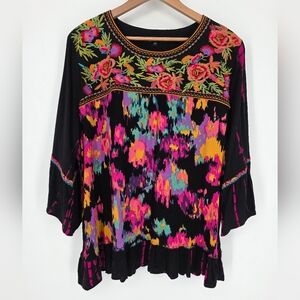 Calessa Floral Embroidered Crepe Fabric Top, Sz 2X